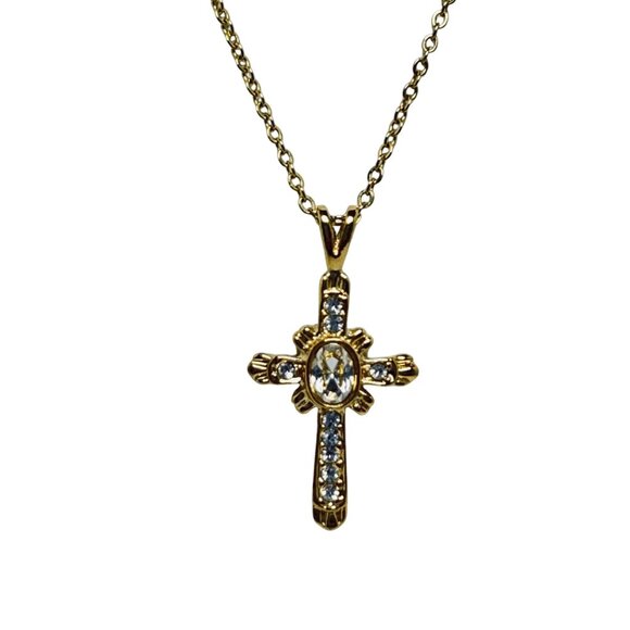 Roman Gold Tone Cable Chain Necklace With Clear Rhinestone Cross Pendant (5705) - Picture 2 of 7